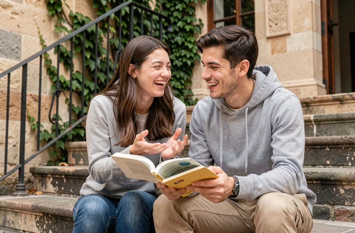 Deux étudiants échangeant des remerciements en espagnol devant une université historique