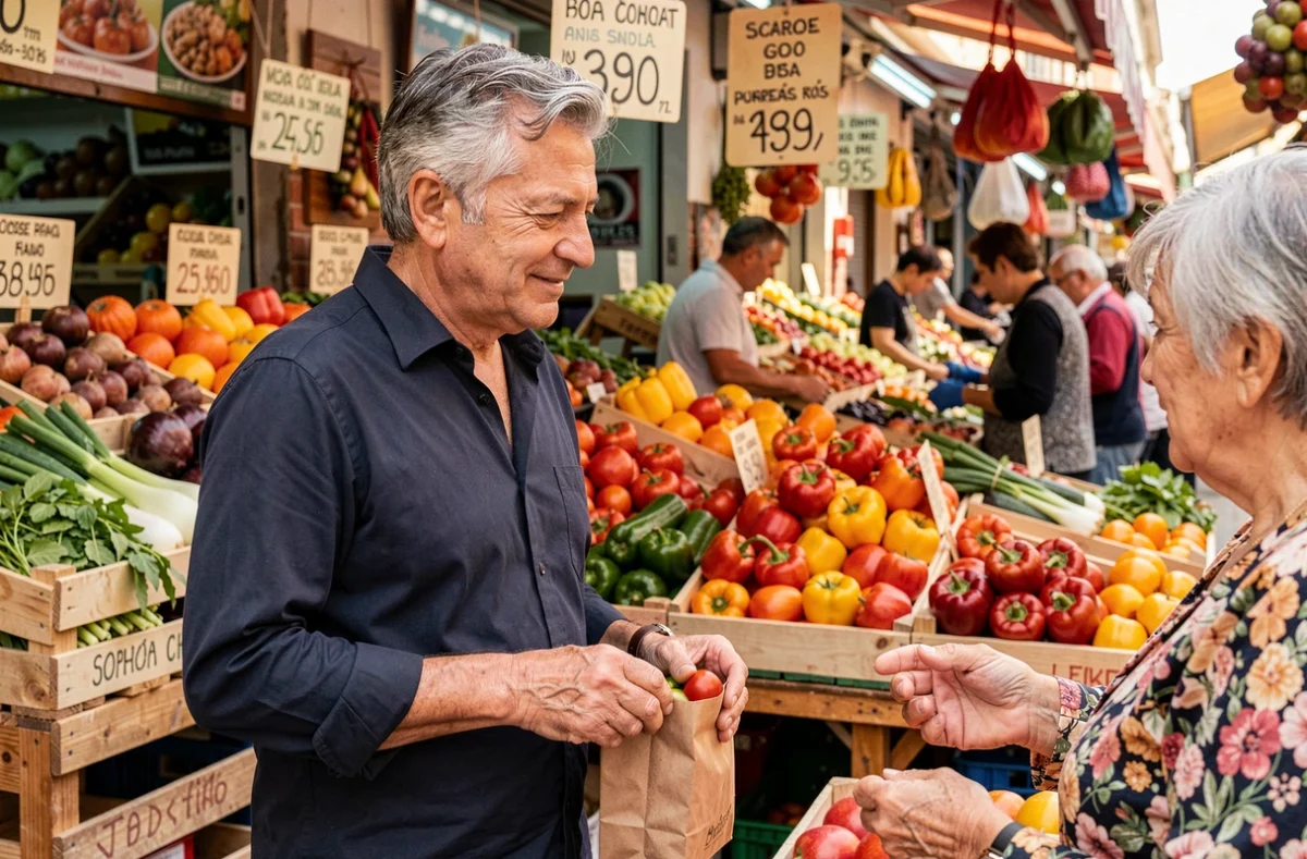Homme remerciant une vendeuse dans un marché espagnol animé avec un geste respectueux