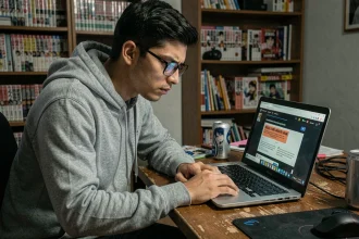 Jeune homme inquiet devant un ordinateur portable affichant un site de scans Naruto avec des pop-ups d'avertissement de sécurité