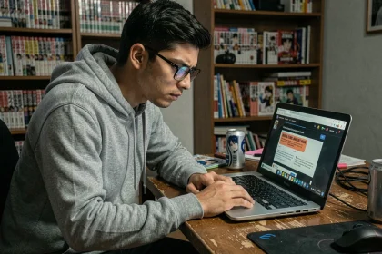 Jeune homme inquiet devant un ordinateur portable affichant un site de scans Naruto avec des pop-ups d'avertissement de sécurité