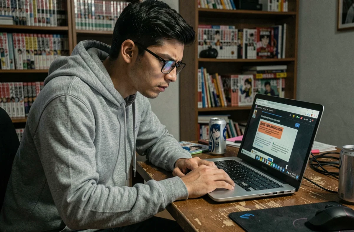 Jeune homme inquiet devant un ordinateur portable affichant un site de scans Naruto avec des pop-ups d'avertissement de sécurité