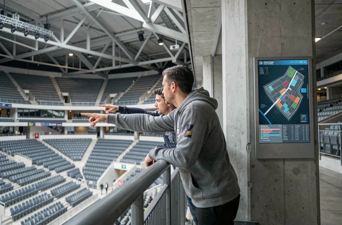 Deux spectateurs comparant les catégories de places depuis un couloir en hauteur de l'Accor Arena Paris