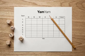Feuille de score Yam minimaliste posée sur une table en bois clair avec des dés et un crayon