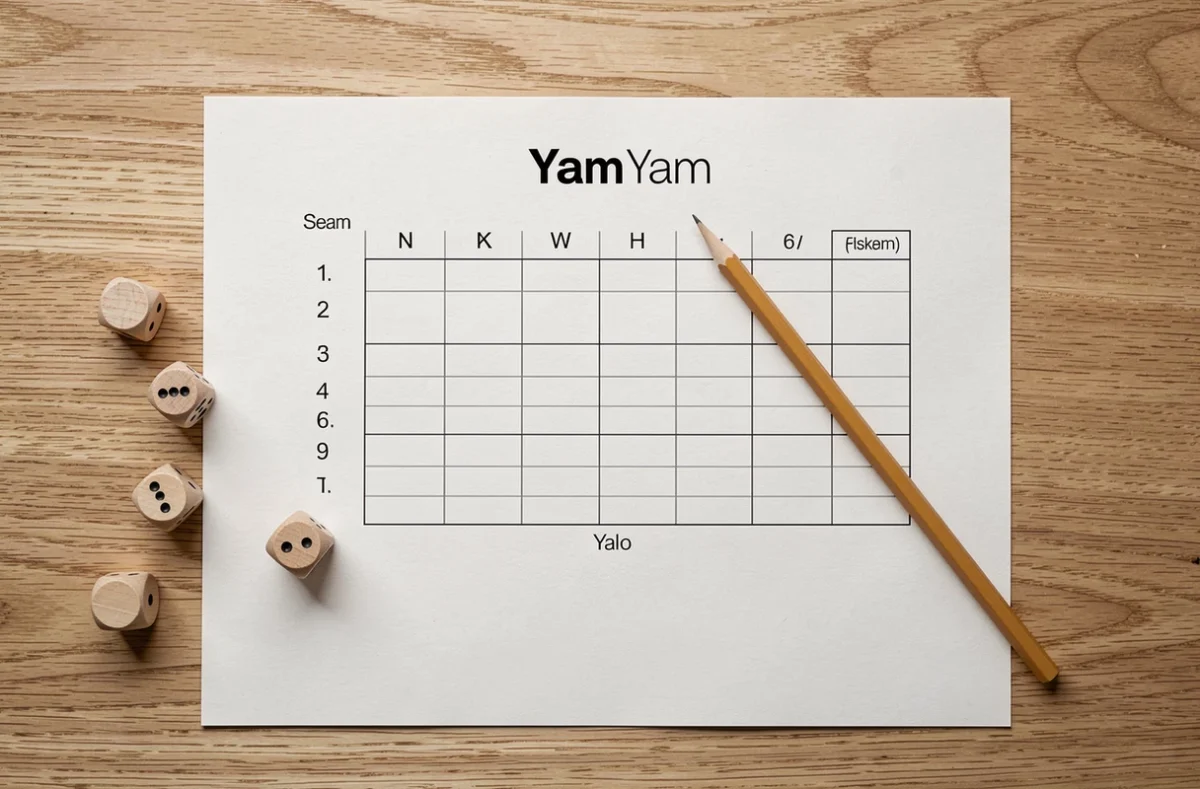 Feuille de score Yam minimaliste posée sur une table en bois clair avec des dés et un crayon