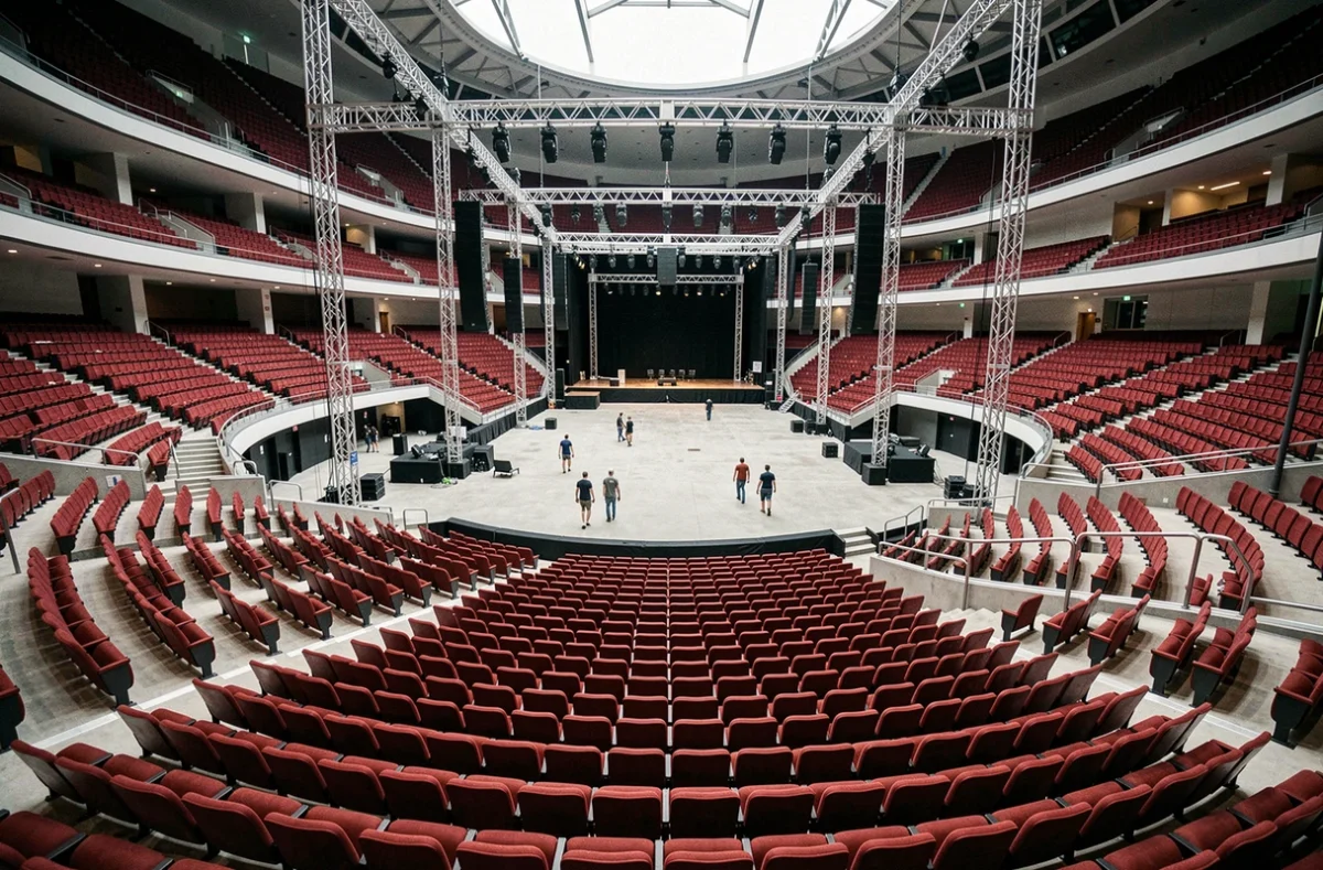 Vue panoramique de l'intérieur de la salle Bercy depuis les gradins supérieurs avec rangées de sièges rouges et scène centrale