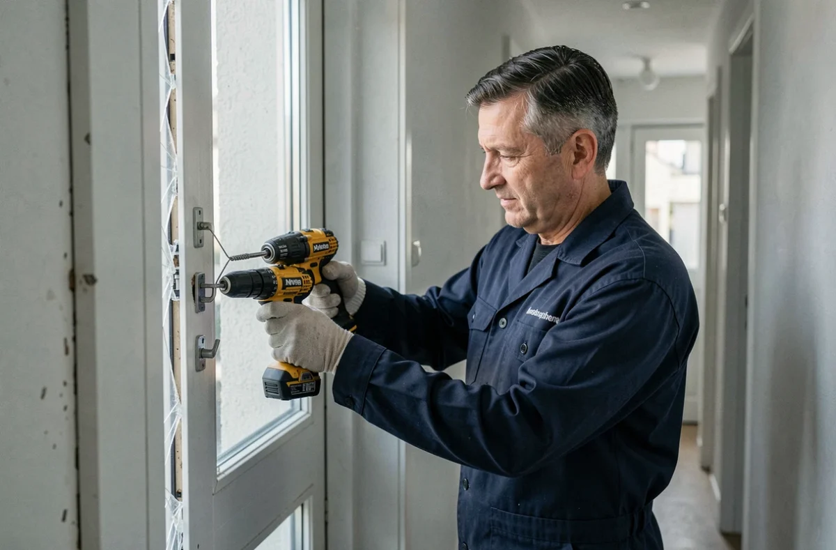 Technicien de L'Alsacienne de Serrurerie sécurisant une fenêtre après effraction dans un appartement alsacien