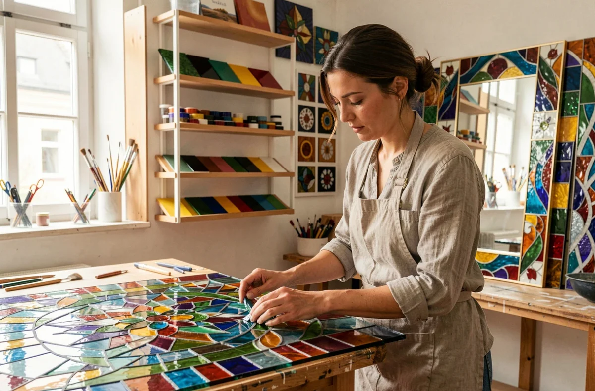 Artisane d'Art et Lumière assemblant un panneau en verre décoratif coloré dans son atelier strasbourgeois