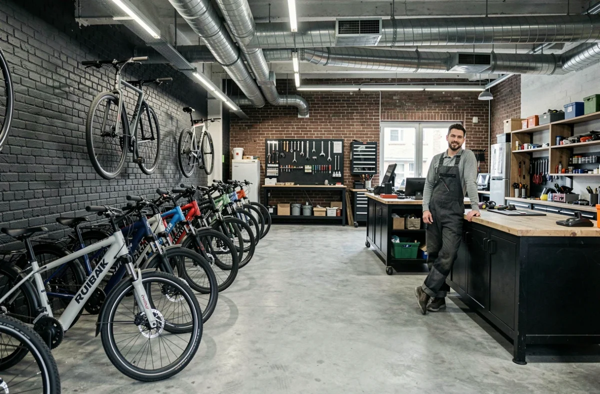Intérieur du Bike Center Roubaix avec des vélos électriques exposés dans un espace au style industriel