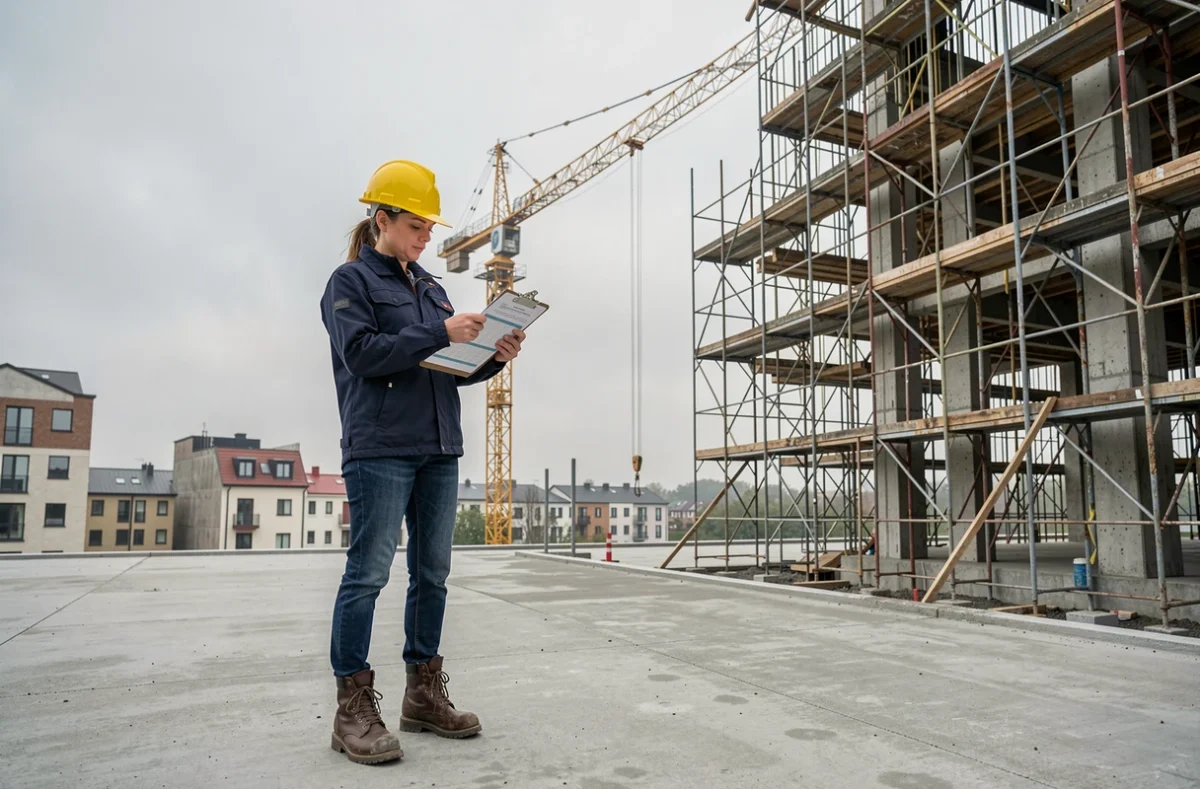 Cheffe de projet sur un chantier de construction ASPOLT avec grues et échafaudages en milieu urbain