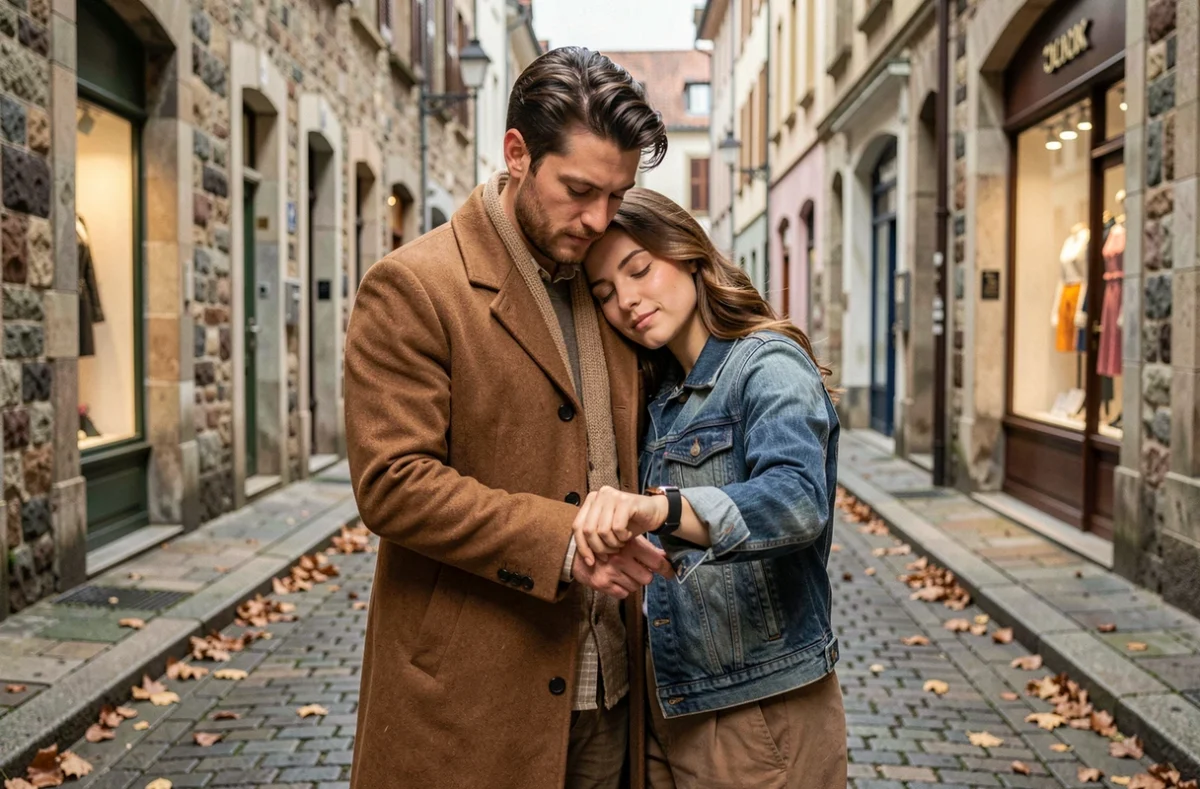 Couple romantique dans une ruelle européenne, l'homme regardant sa montre à 13h31, évoquant le retour de l'être aimé et les signes de l'heure miroir