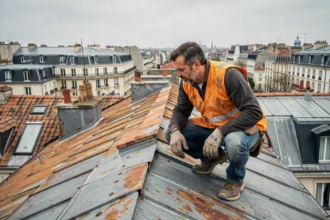 Couvreur professionnel travaillant sur les toits de Seine-Saint-Denis avec vue panoramique sur les toitures urbaines