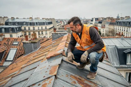 Couvreur professionnel travaillant sur les toits de Seine-Saint-Denis avec vue panoramique sur les toitures urbaines