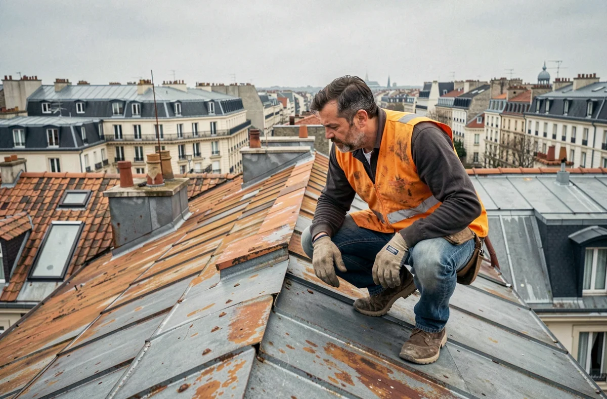 Couvreur professionnel travaillant sur les toits de Seine-Saint-Denis avec vue panoramique sur les toitures urbaines