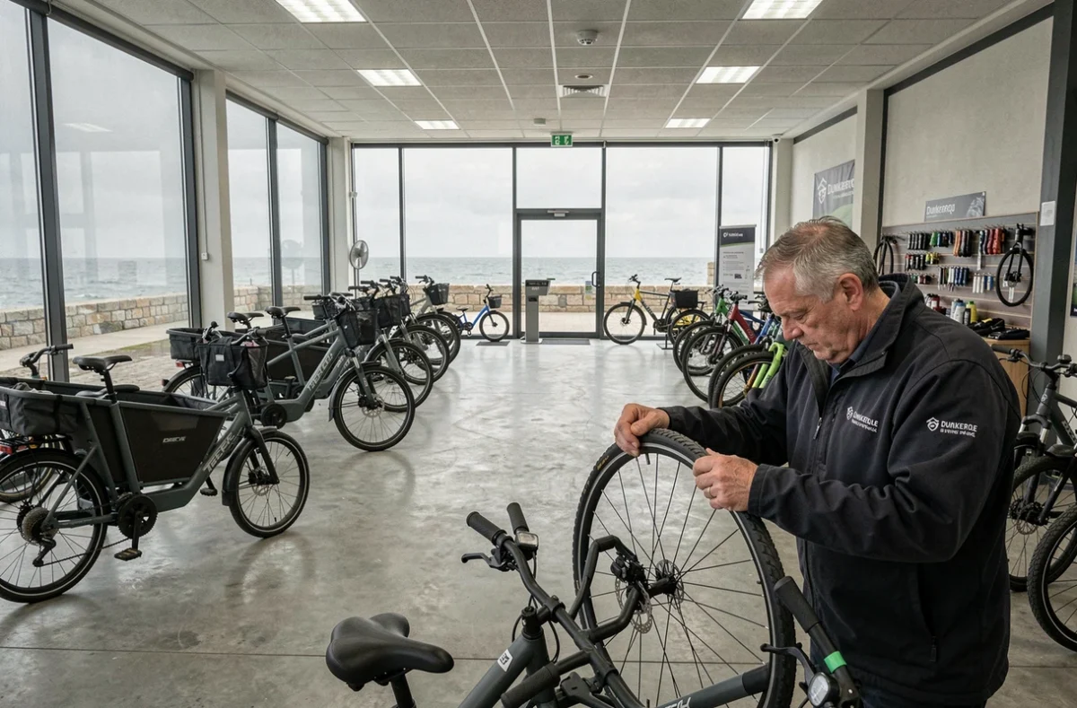 Showroom de Cycles Flandres à Dunkerque avec un mécanicien et de nombreux vélos électriques exposés