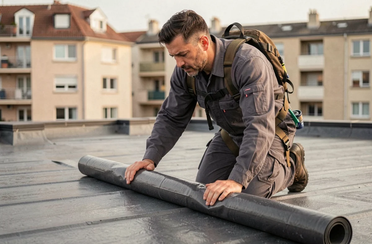 Couvreur Denoyer Franck appliquant une membrane d'étanchéité sur une toiture plate en Seine-Saint-Denis