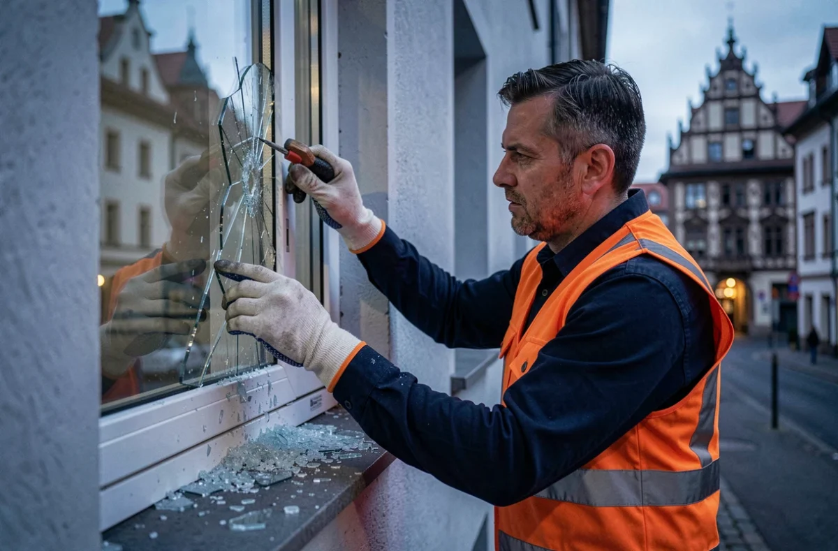 Vitrier d'urgence DS Dépannage remplaçant une vitre brisée sur une façade strasbourgeoise