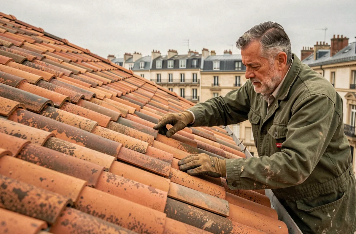 Couvreur de l'entreprise Windenstein posant des tuiles en terre cuite sur un bâtiment ancien en Seine-Saint-Denis