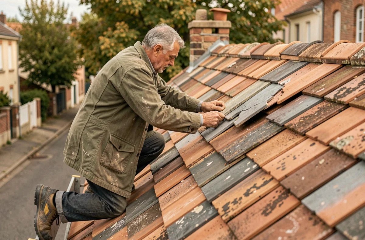 Couvreur d'Ets Music Couverture remplaçant des faîtières sur une maison traditionnelle en Seine-Saint-Denis
