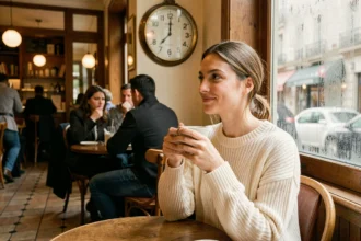Femme pensive dans un café parisien regardant une horloge indiquant 13h31, symbolisant l'heure miroir et ses significations en amour