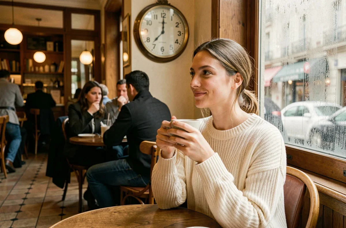 Femme pensive dans un café parisien regardant une horloge indiquant 13h31, symbolisant l'heure miroir et ses significations en amour