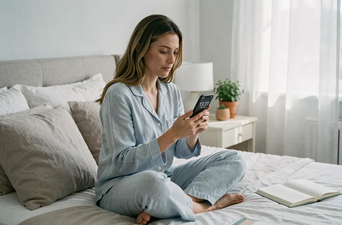 Femme contemplative sur son lit regardant l'heure 13h31 sur son téléphone, illustrant la signification spirituelle et amoureuse de l'heure miroir