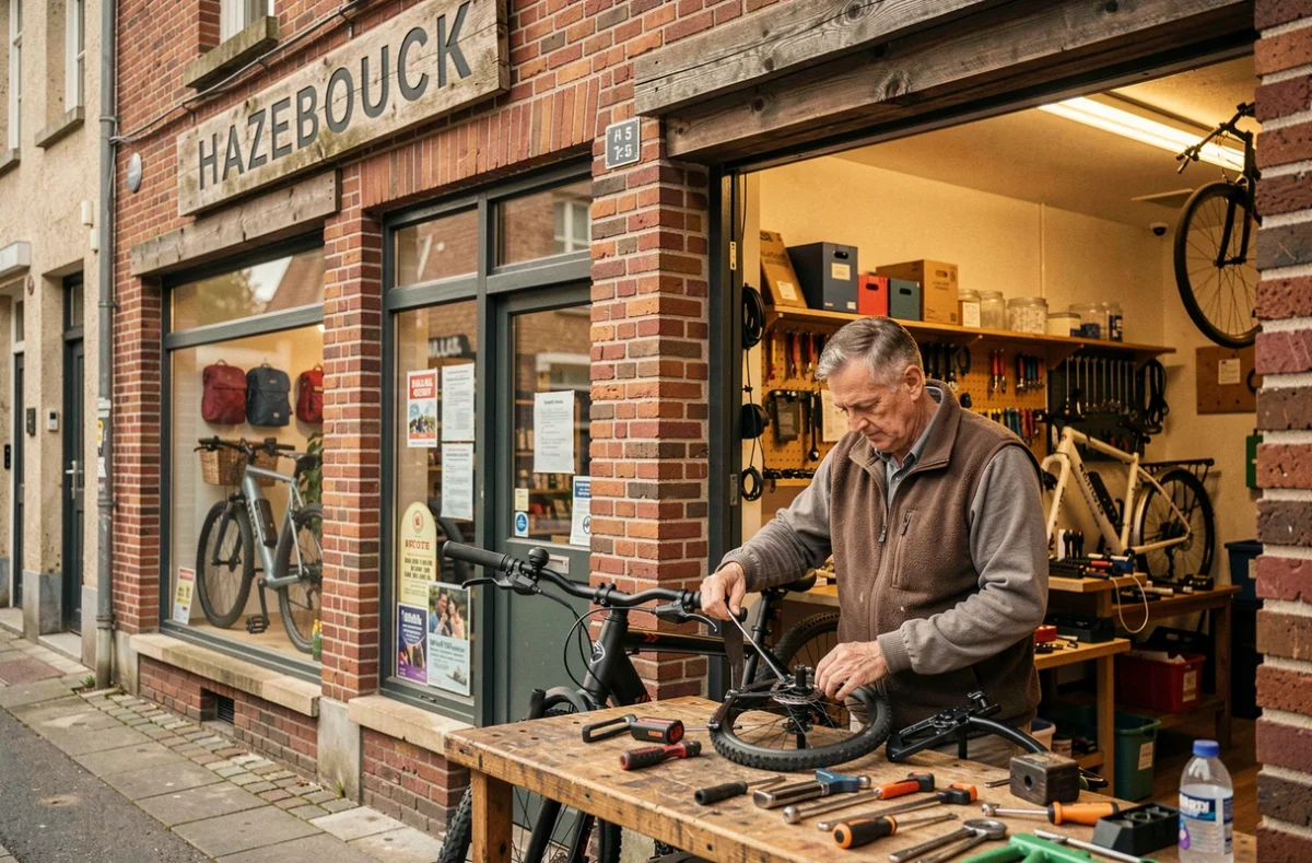 Artisan de Flandre Cycles à Hazebrouck assemblant un vélo électrique dans son atelier de quartier