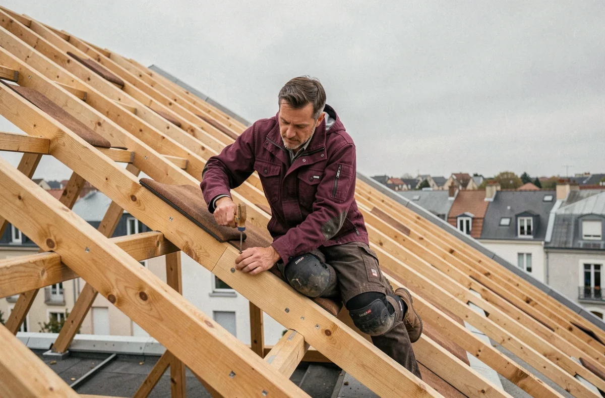 Couvreur de Full Couverture posant des liteaux en bois avant la mise en place des tuiles en Seine-Saint-Denis