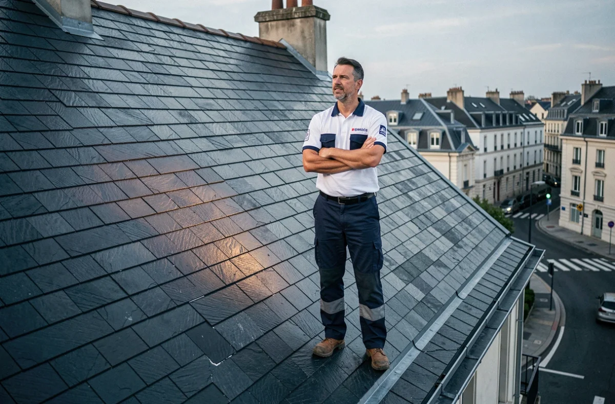 Professionnel de La Générale De Couverture sur une toiture en ardoise fraîchement posée en Seine-Saint-Denis