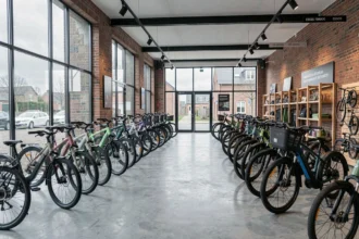 Intérieur d'un magasin de vélos électriques dans le Nord de la France avec plusieurs modèles exposés