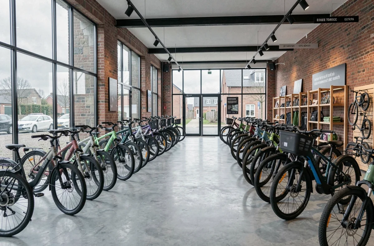 Intérieur d'un magasin de vélos électriques dans le Nord de la France avec plusieurs modèles exposés