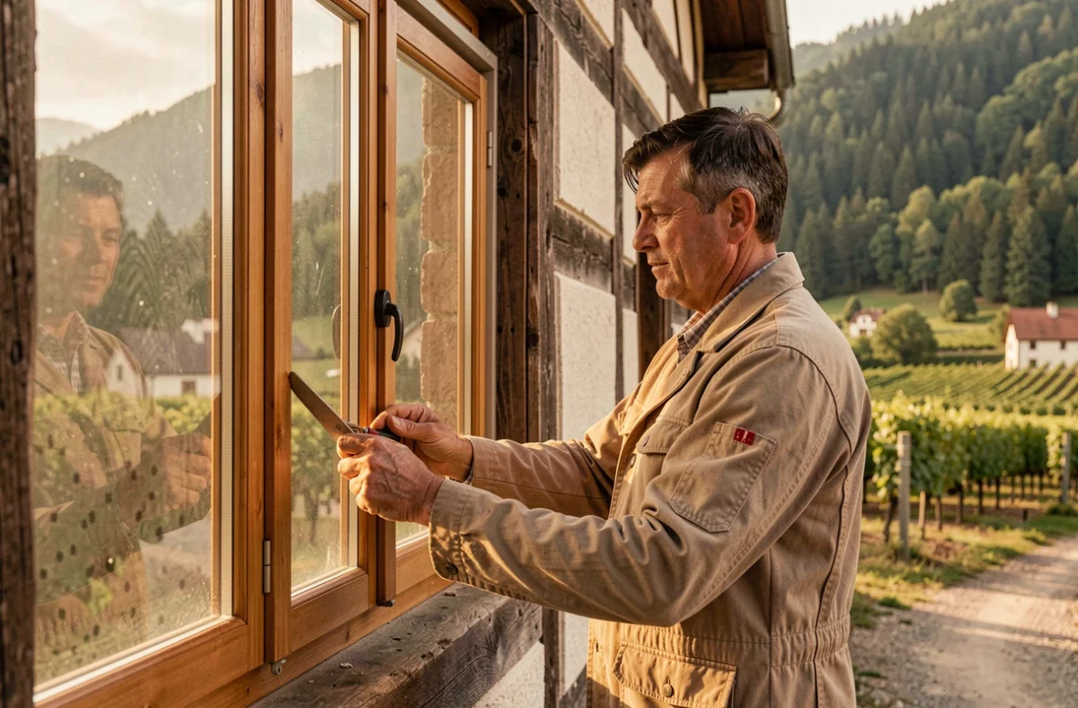 Vitrier d'Obernai Vitrerie posant une fenêtre sur une maison alsacienne au pied des Vosges dans le sud du Bas-Rhin