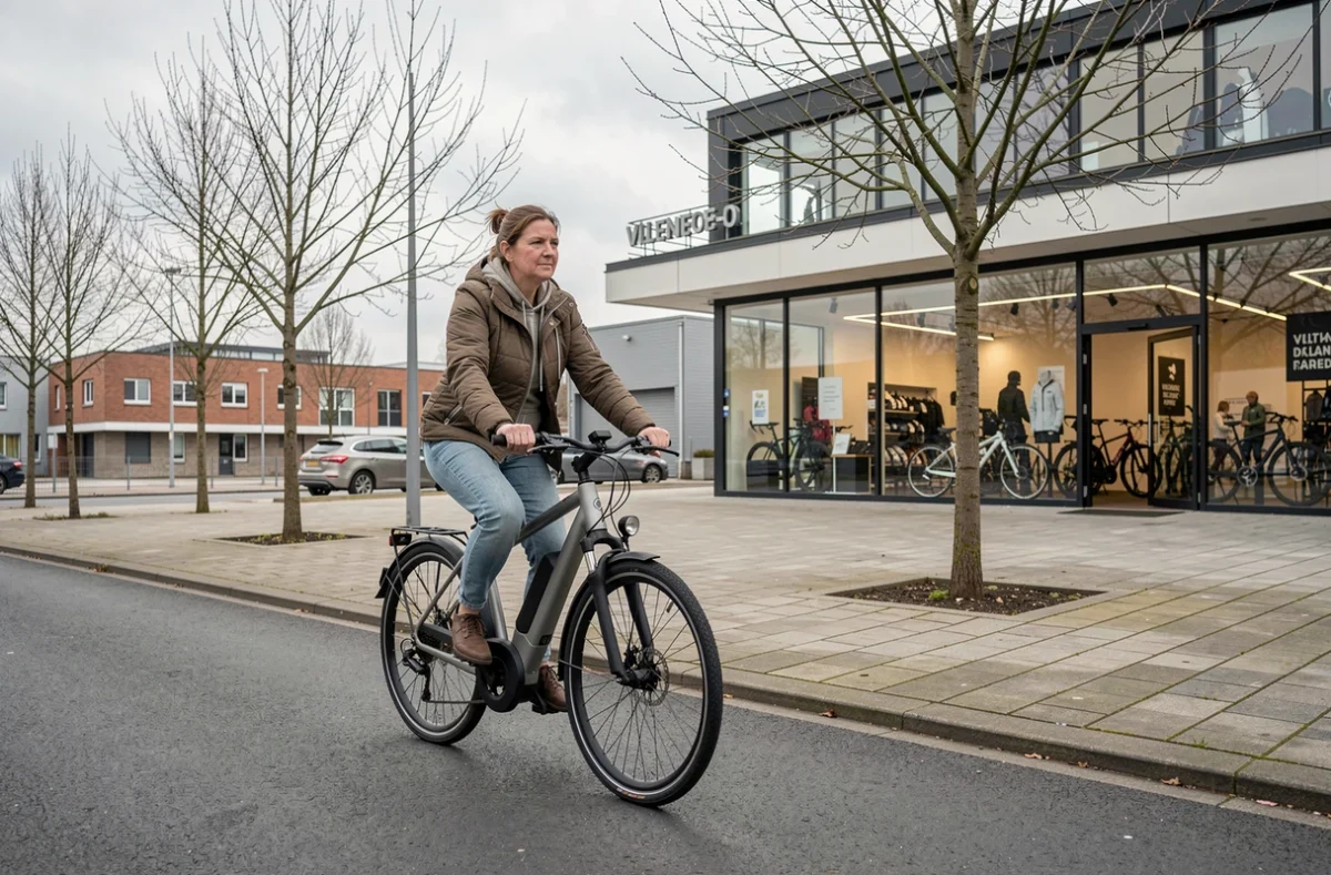 Cliente testant un vélo électrique devant la boutique Ovelo de Villeneuve-d'Ascq