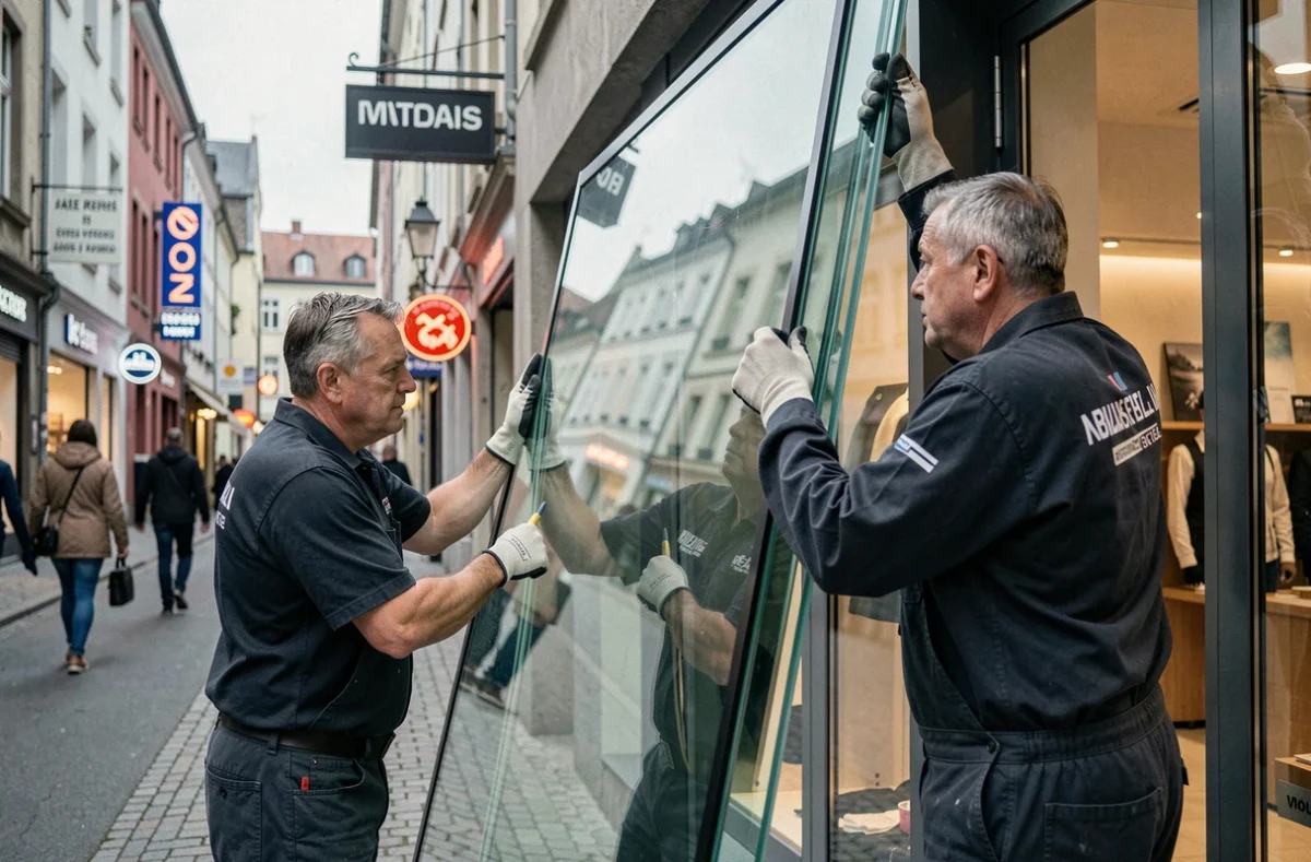 Equipe de Strasbourg Miroiterie posant une grande vitre de vitrine commerciale en centre-ville strasbourgeois