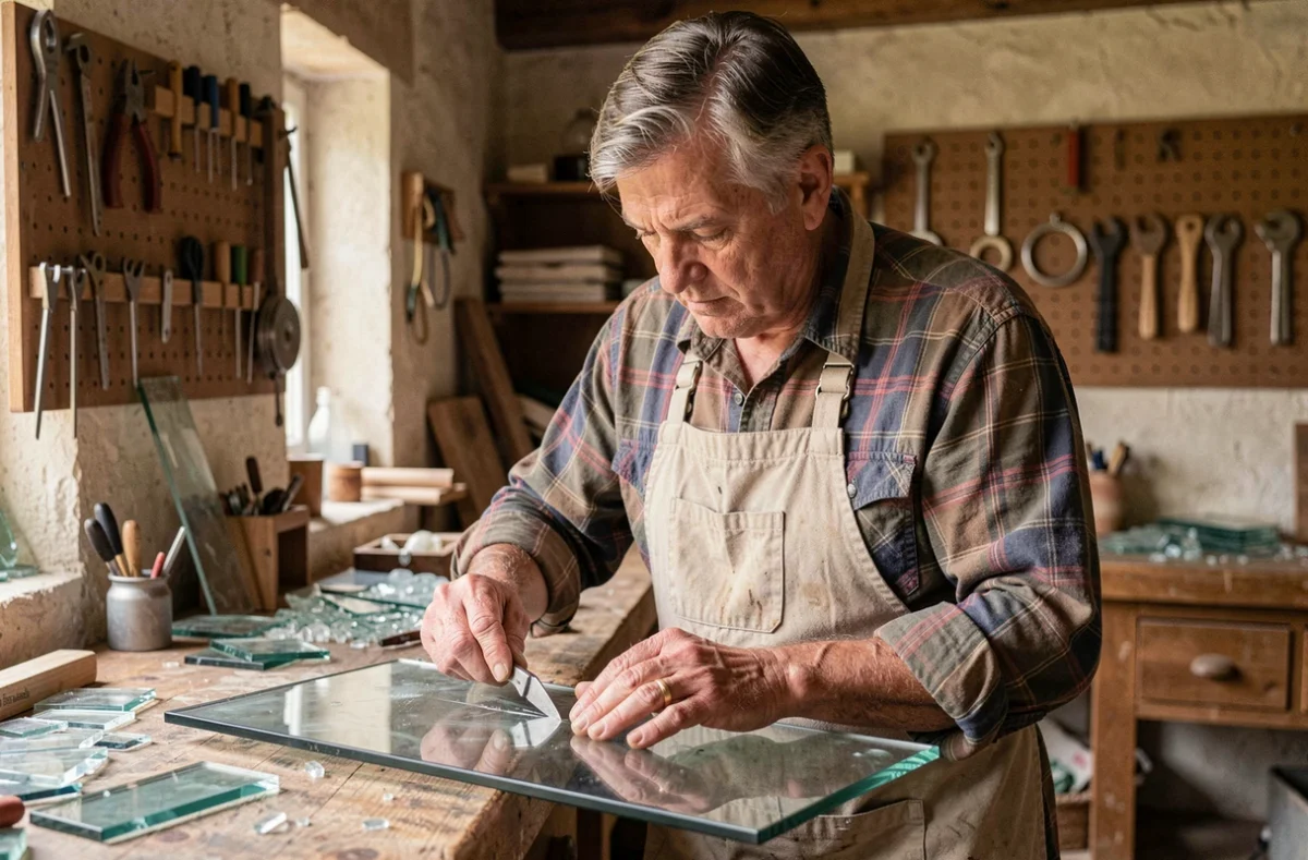 Artisan vitrier indépendant Tromson Eric découpant une vitre dans son atelier du Bas-Rhin