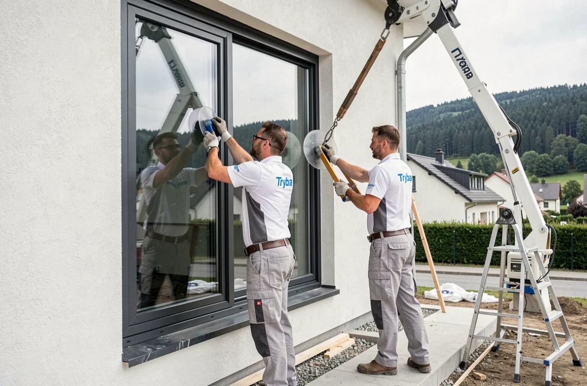 Techniciens Tryba installant une fenêtre à double vitrage sur une maison neuve à Gundershoffen
