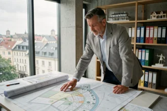 Urbaniste étudiant des plans de développement urbain pour les projets ASPOLT 2026 dans un bureau municipal moderne