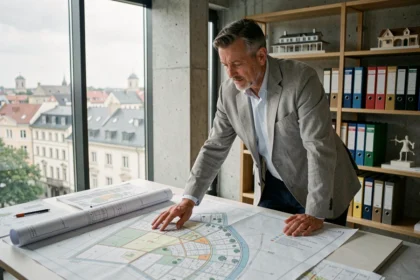 Urbaniste étudiant des plans de développement urbain pour les projets ASPOLT 2026 dans un bureau municipal moderne