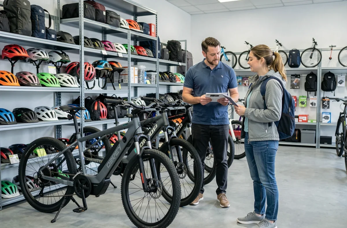 Conseiller de Véloland Valenciennes en discussion avec une cliente devant des vélos électriques