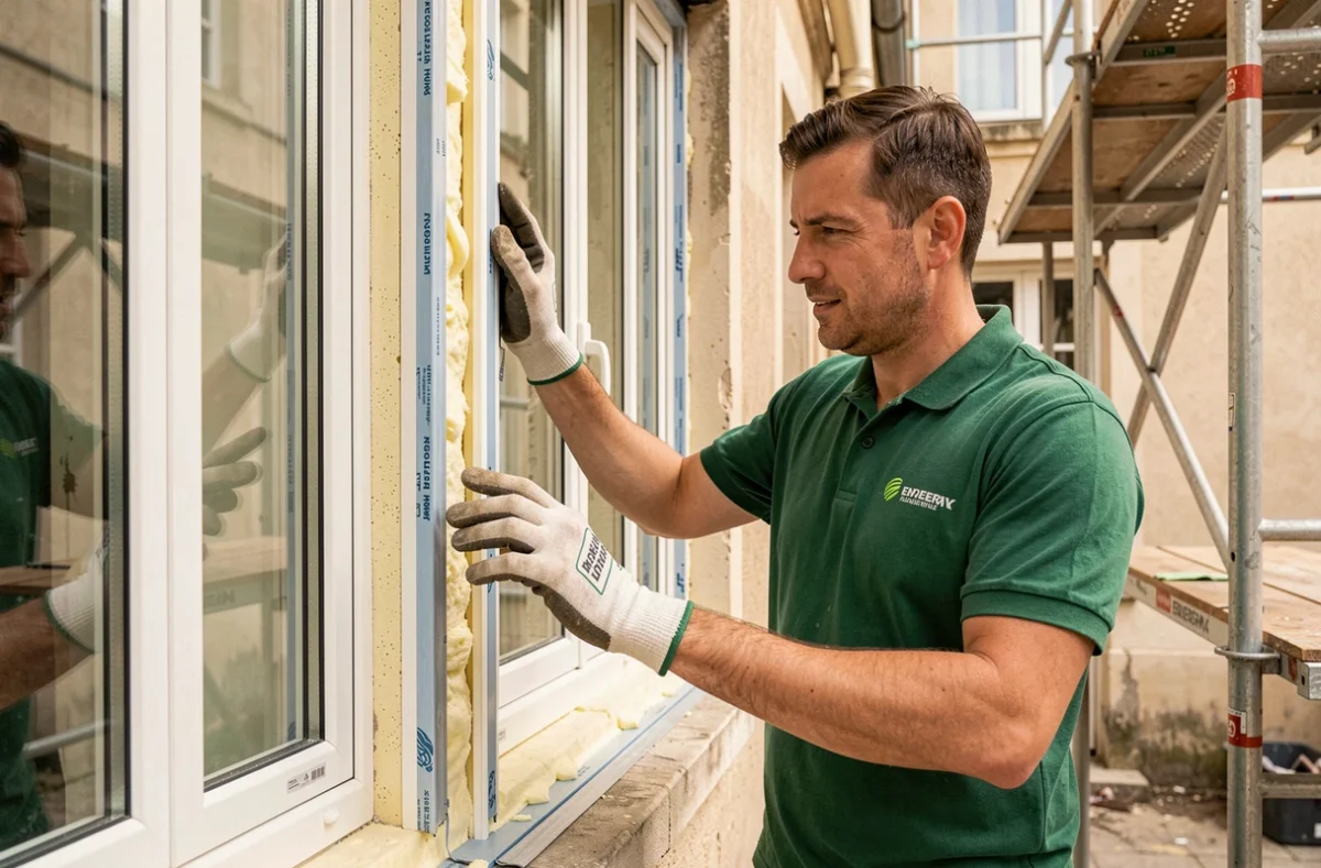 Spécialiste de Verre et Habitat posant un vitrage triple énergie sur une maison en rénovation thermique