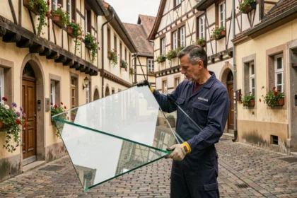 Vitrier professionnel transportant une vitre dans une rue alsacienne typique du Bas-Rhin