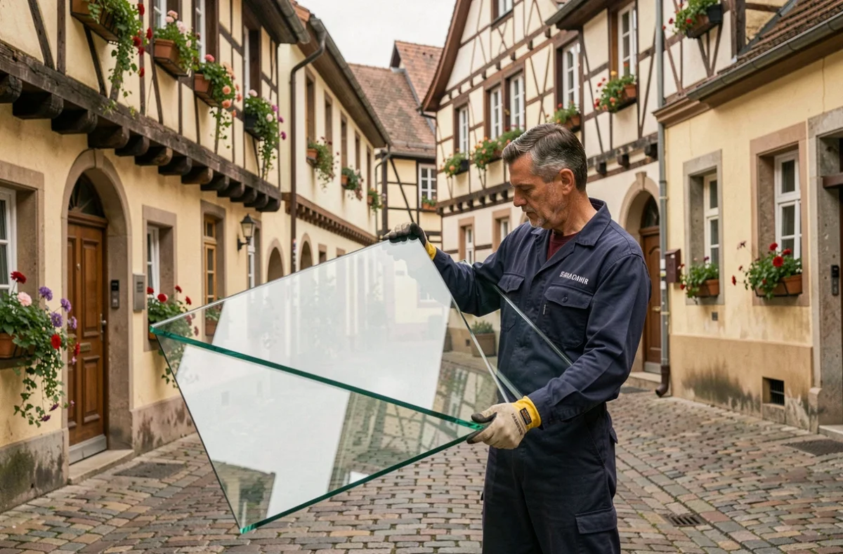 Vitrier professionnel transportant une vitre dans une rue alsacienne typique du Bas-Rhin