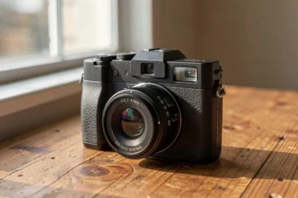 Appareil photo hybride noir posé sur une table en bois
