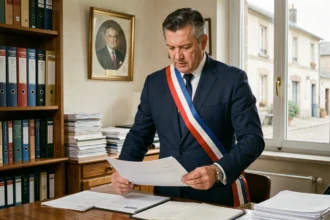 Maire d'une petite commune portant l'écharpe tricolore dans son bureau municipal, consultant des documents administratifs