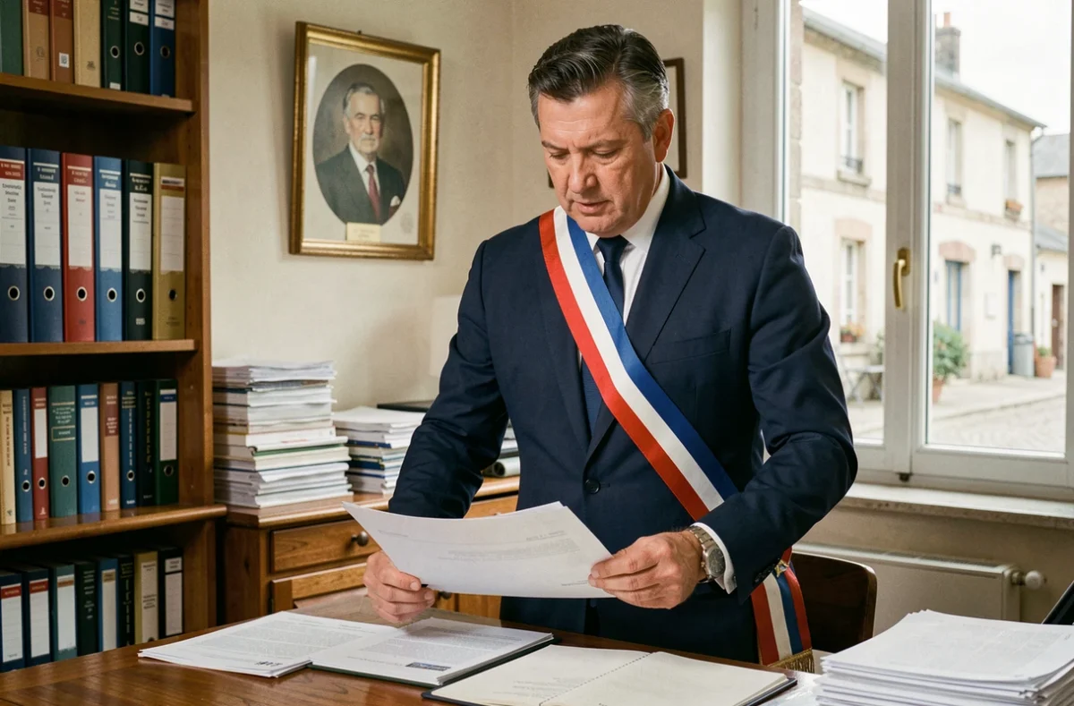 Maire d'une petite commune portant l'écharpe tricolore dans son bureau municipal, consultant des documents administratifs